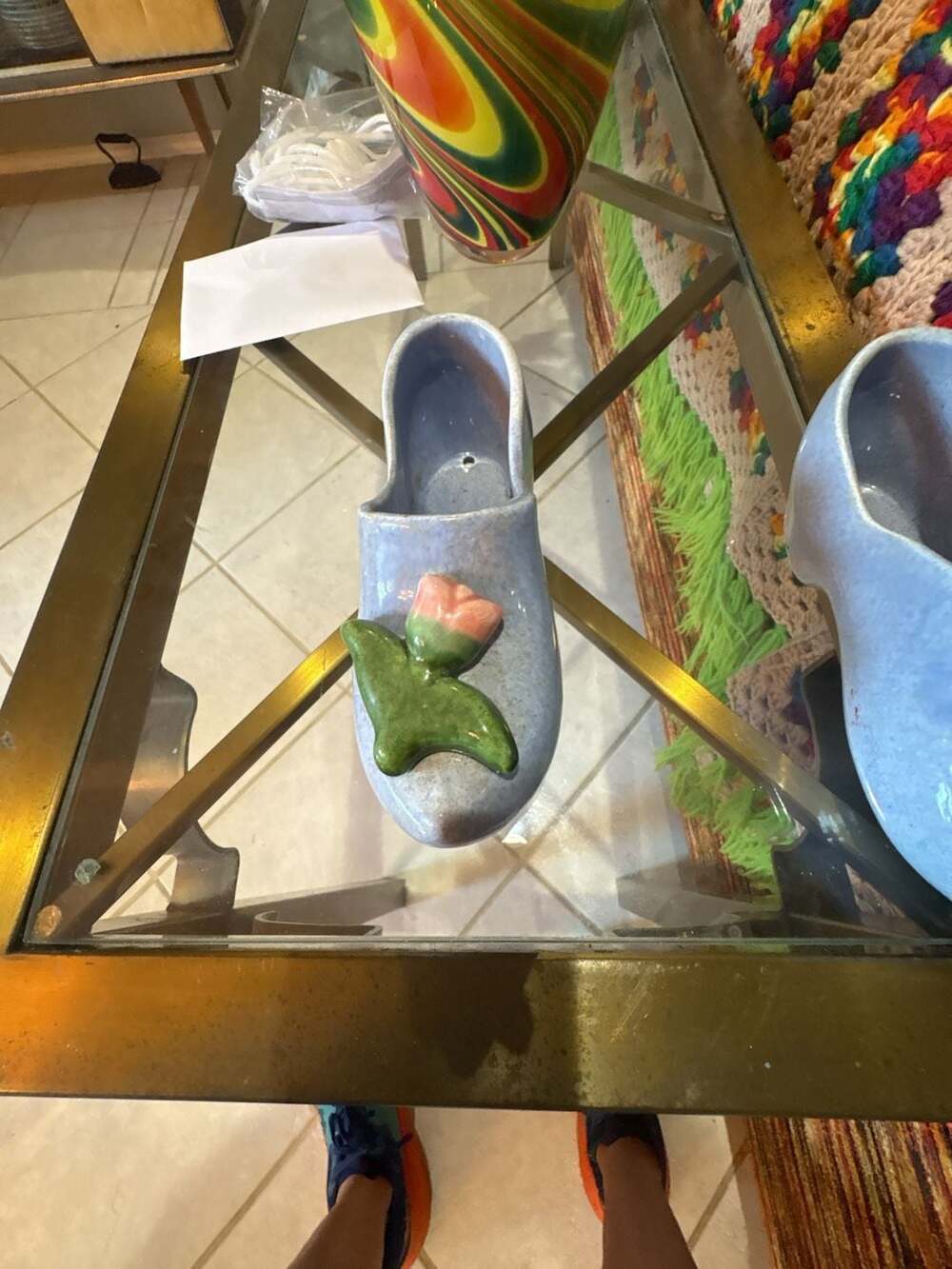 McCoy Pottery Dutch Shoe Planter Blue Speckled with Pink Rose